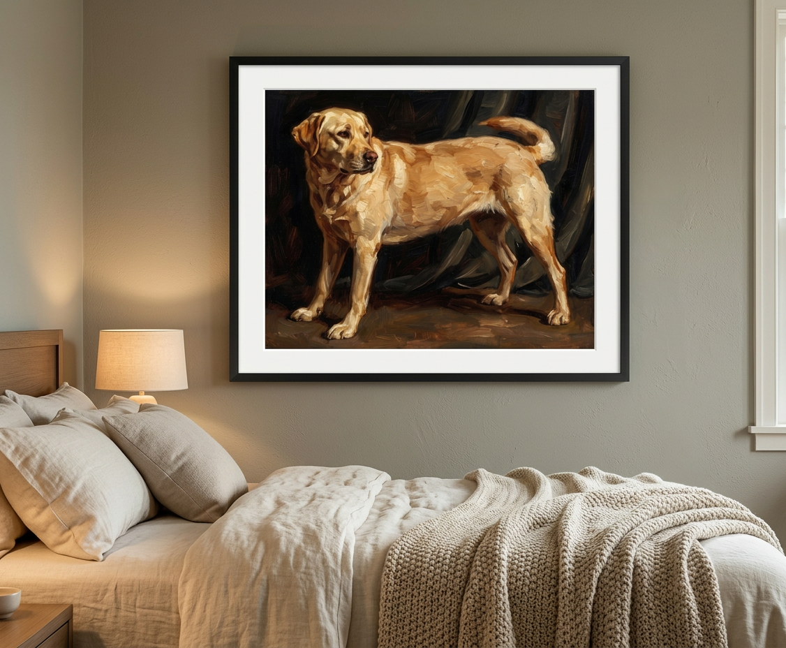 Framed print above a bed